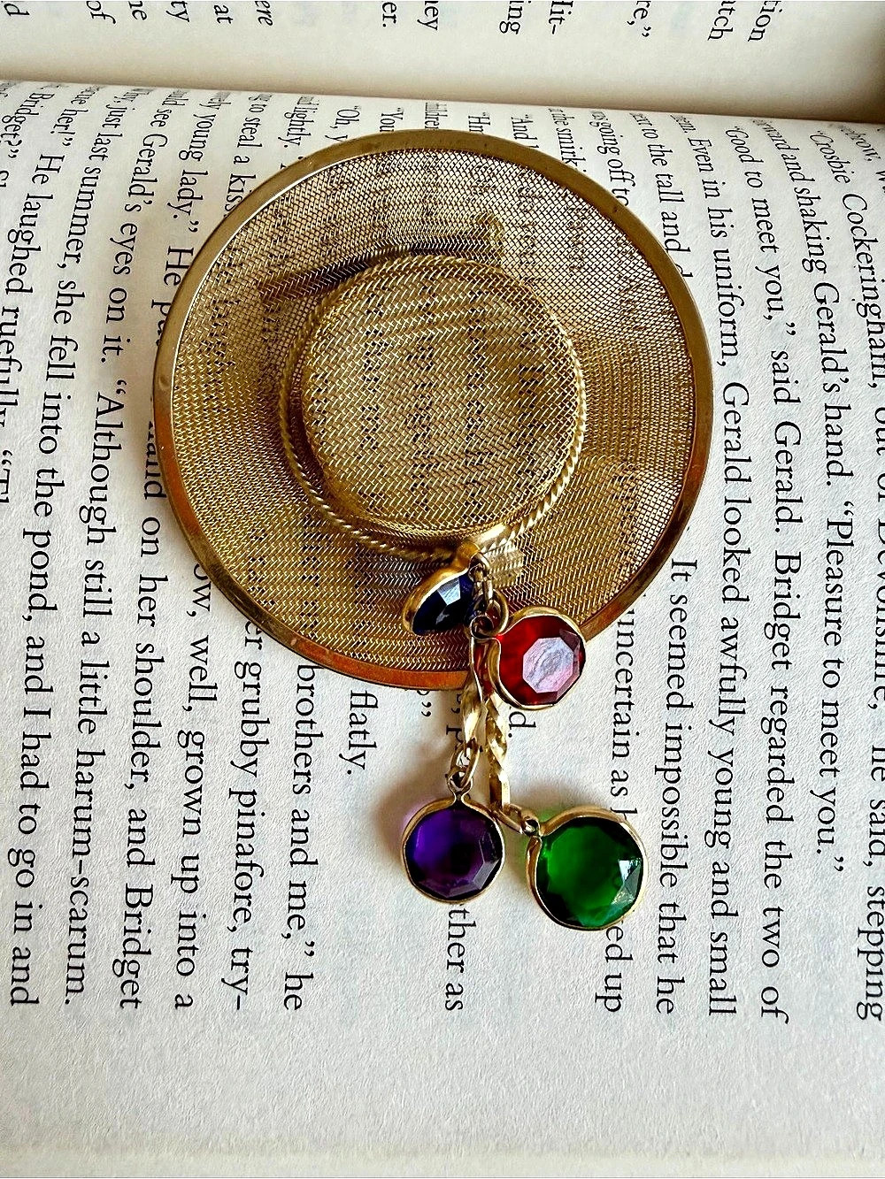 Gold & Green Jeweled Charm Brooch
